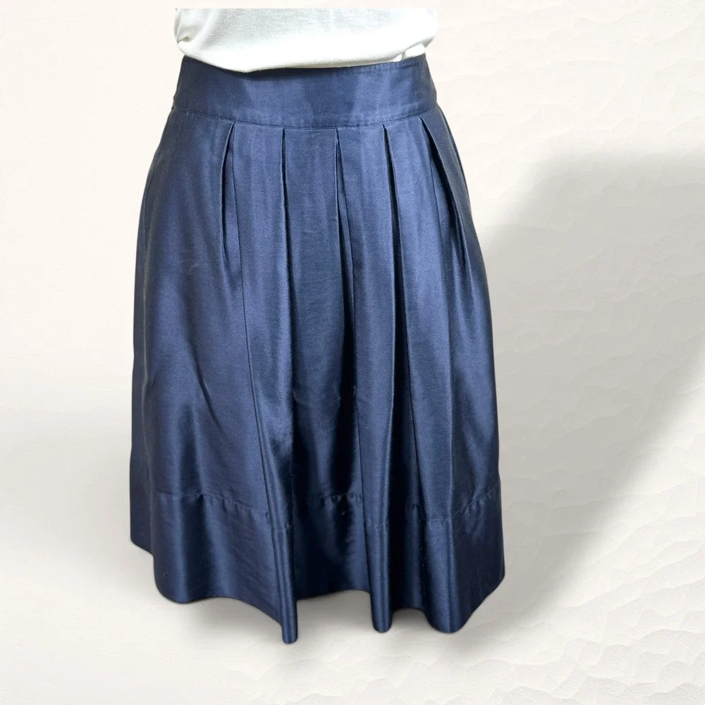 Tommy Hilfiger Pleated Silk Blend Skirt Women 2 Navy Preppy Pocket‎ Lined
